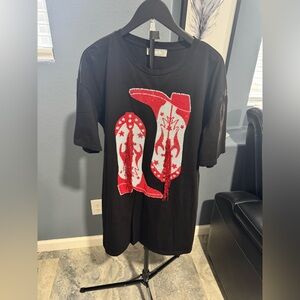 Black Graphic Tee Dress with Red Sequin Cowboy Boots